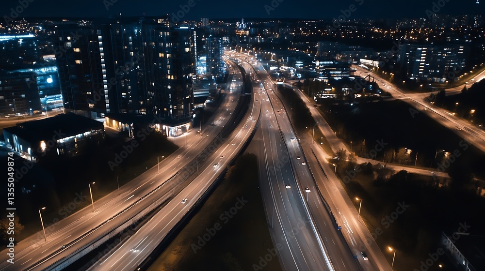 Aufkleber breathtaking aerial view of a bustling city highway illuminated at night with vibrant lights : gener