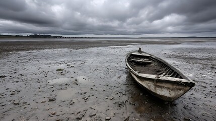 Lonely wooden boat rests on dry land under a dramatic cloudy sky at low tide : Generative AI