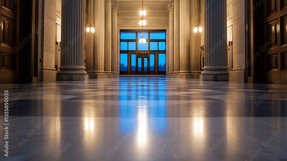 Aufkleber Elegant Corridor with Grand Columns and Soft Light Inviting Visitors Inside : Generative AI