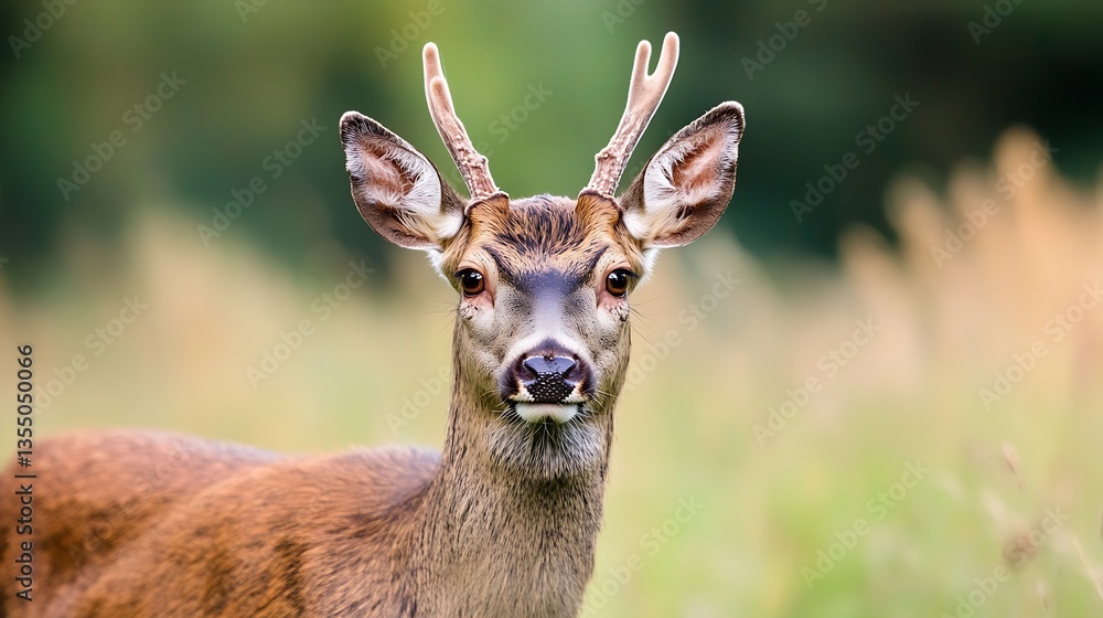 Poster Closeup shot of a deer with antlers standing elegantly in a green meadow during daytime : Generative AI