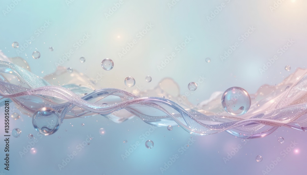 Poster fluid motion of water waves and bubbles underwater abstract visual content soft color palette close-
