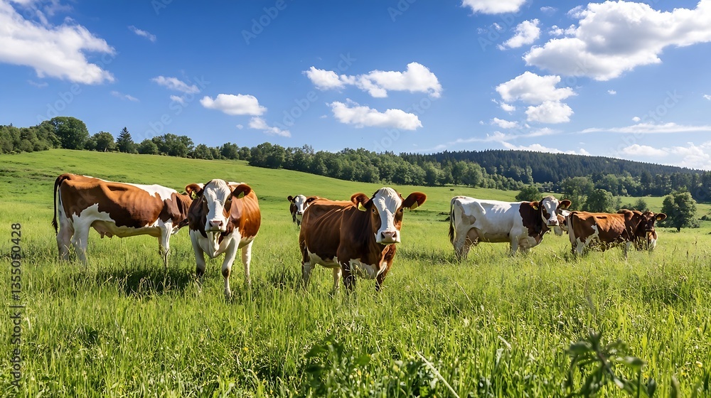 Poster cows grazing peacefully in a sunlit meadow with rolling hills and blue sky dotted with fluffy clouds