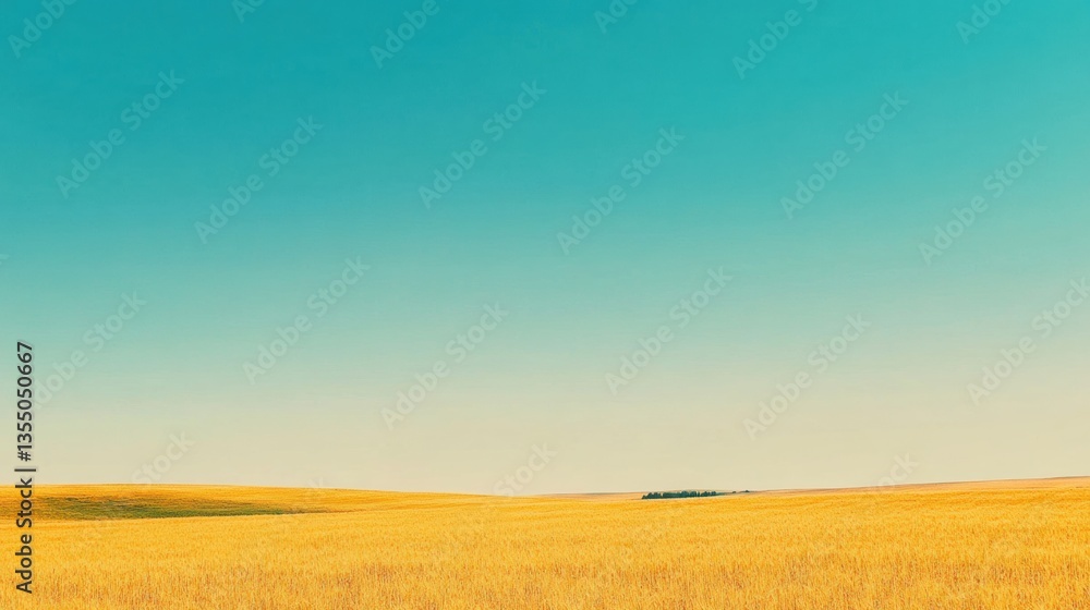Poster Golden wheat fields stretch endlessly under a clear blue sky with soft sunlight creating warm shadows over the calm rural landscape