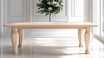 Light beige rectangular dining table, classic style, with elegant pedestal base, suitable for large gatherings