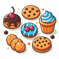 dessert, cookie, food, sweet, biscuit, bakery, background, snack, chocolate, delicious, candy, homemade, tasty, isolated, brown, chip, bake, cake, pastry, breakfast, fresh, closeup, treat, vector, sug