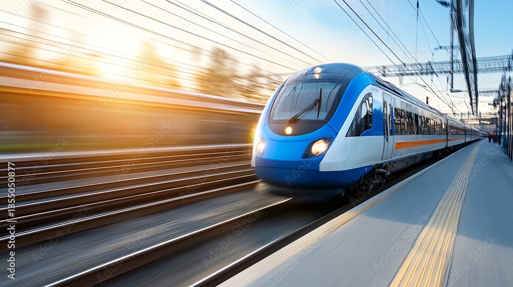 Poster high speed train moving swiftly through the station at sunset showcasing modern transportation techn