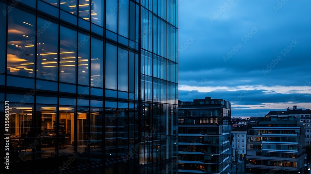 Poster modern architecture reflecting colorful lights in a city at dusk showcasing urban living and design 