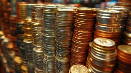 Stacks of Coins: A Close-Up View of Currency and Wealth Accumulation