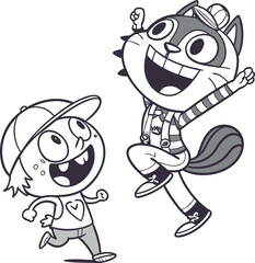 Funny cartoon illustration with smiling character and mascot.