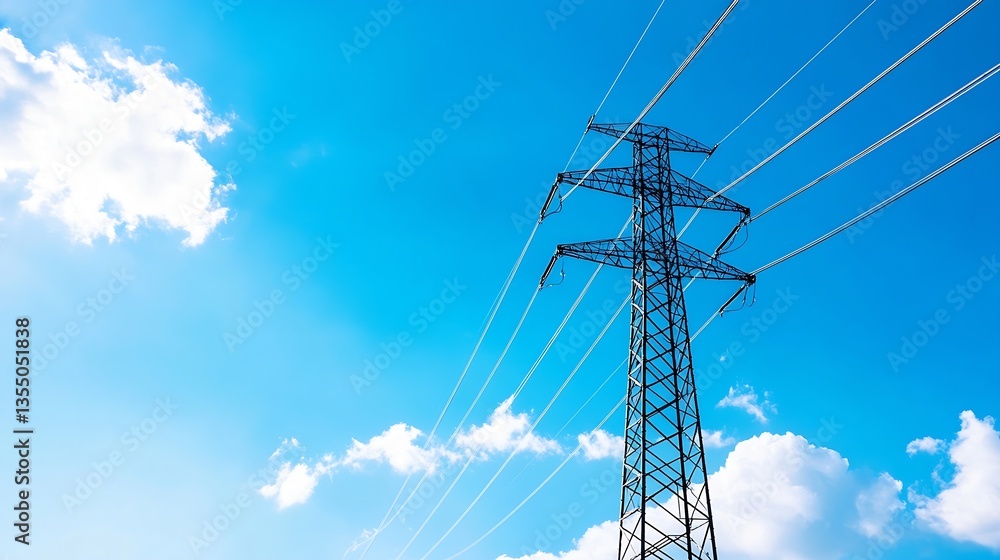 Poster high voltage power lines stretching across a clear blue sky with fluffy clouds in the background : g
