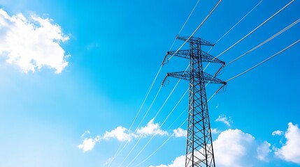 High voltage power lines stretching across a clear blue sky with fluffy clouds in the background : Generative AI