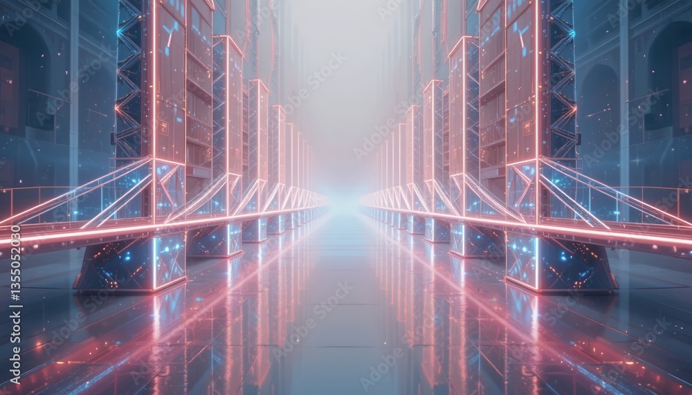 Poster futuristic digital light show virtual space 3d visualization high-tech environment symmetrical persp