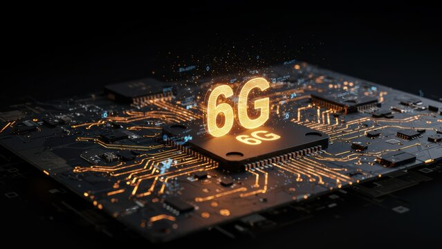 Close-up of 6G technology microchip. Modern computer hardware showing future connectivity. Data transmission, digital networking concepts.