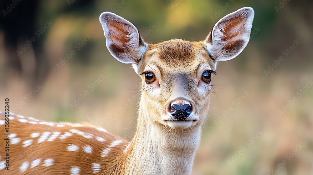 Poster beautiful close up portrait of a young deer with big ears looking curiously at the camera in a natur