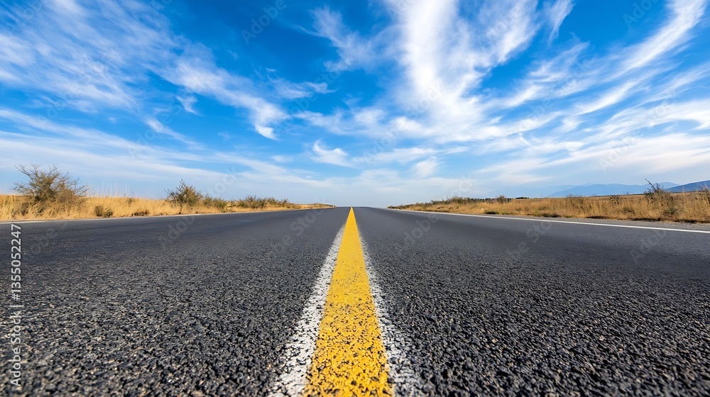 Poster expansive road stretching ahead under a bright blue sky with fluffy clouds in rural setting : genera
