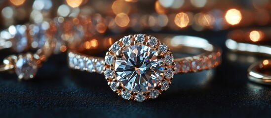 Fototapeta premium Close-up of a dazzling diamond ring with halo setting among other jewelry pieces.