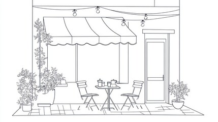 Outdoor cafe sketch, patio furniture, plants, awning,  simple design