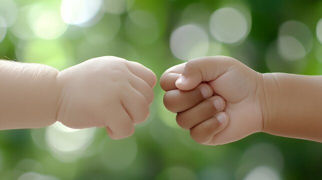 Two Baby Fists Bumping Against Green Background Representing Friendship - Powered by Adobe