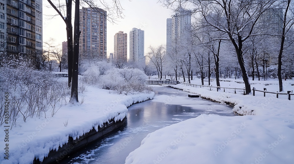 Poster Winter scene showcasing a snowy park with trees and buildings surrounding a frozen creek : Generative AI