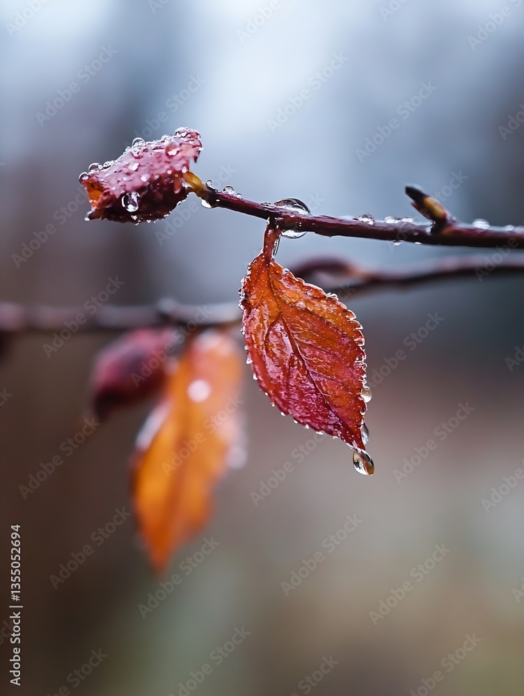 Poster Closeup of autumn leaves with droplets highlighting nature's beauty during rainfall in a soft focus setting : Generative AI
