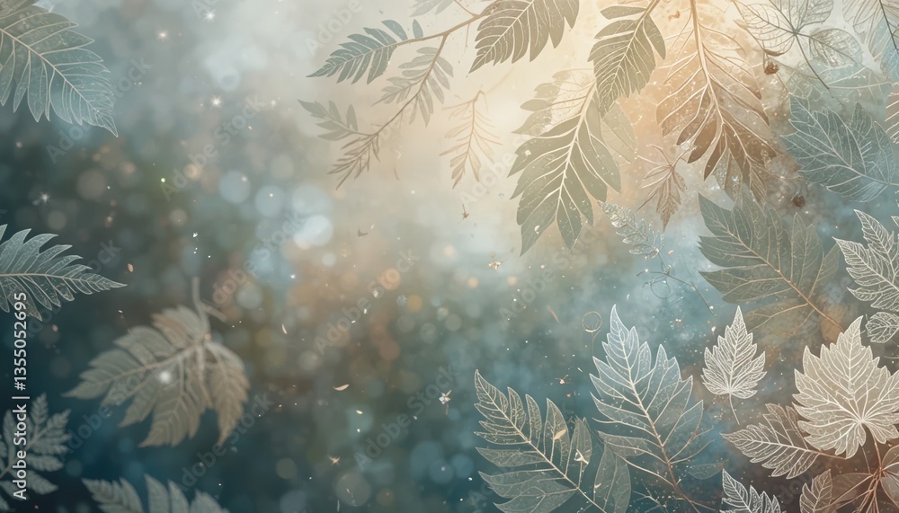 Poster serene nature leaves tranquil forest abstract background soft bokeh effect close-up view natural bea
