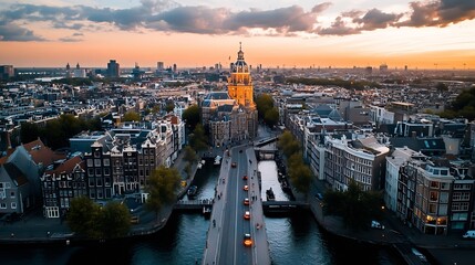 Obraz premium Stunning aerial view of a European cityscape featuring beautiful architecture during sunset : Generative AI