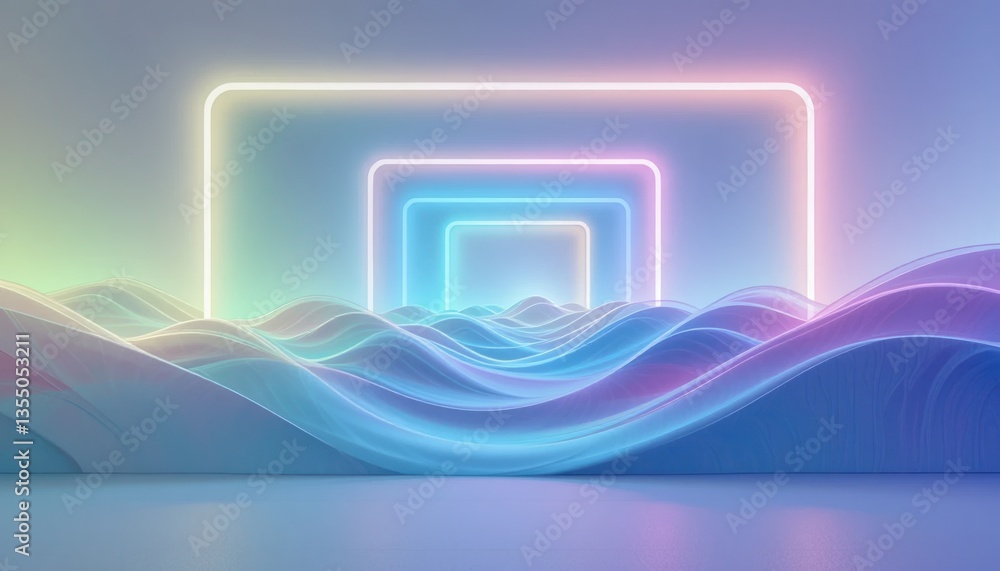 Poster dynamic neon wave patterns futuristic digital art abstract visualization virtual environment aerial 