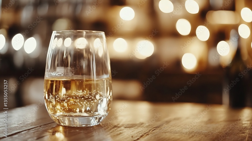 Poster elegant glass of whiskey on wooden table surrounded by warm ambient lights creating a cozy atmospher