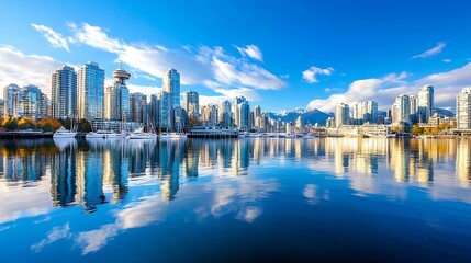 Naklejka premium City skyline of Vancouver reflected in calm waters under a clear sky with distant mountains : Generative AI