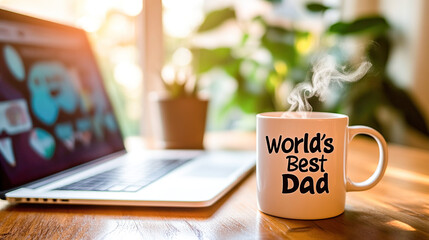 Laptop and worlds best dad mug with steam on wooden table near window with plant in background