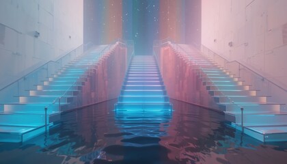 Fototapeta premium Serene reflection of stairs in water modern architectural space visual artwork ethereal environment low angle view conceptual design