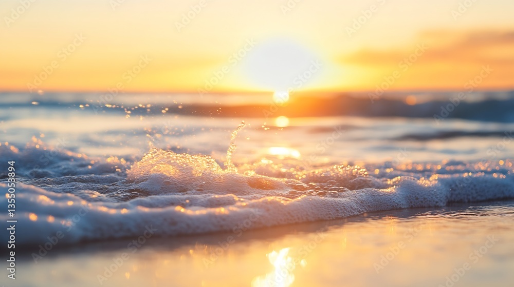 Poster stunning sunset over ocean waves creating splashes and reflections of light : generative ai