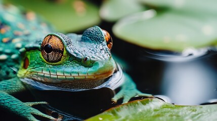 Vibrant close up of a colorful green frog resting on a lily pad in a serene pond : Generative AI