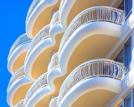 Modern building balconies with white railings against a blue sky - Powered by Adobe