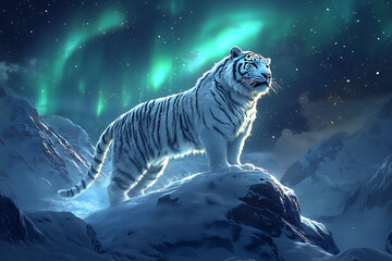 Majestic white tiger standing on a snowy mountain under the northern lights at night