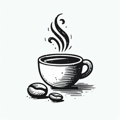 Steaming Coffee Cup  Beans Illustration