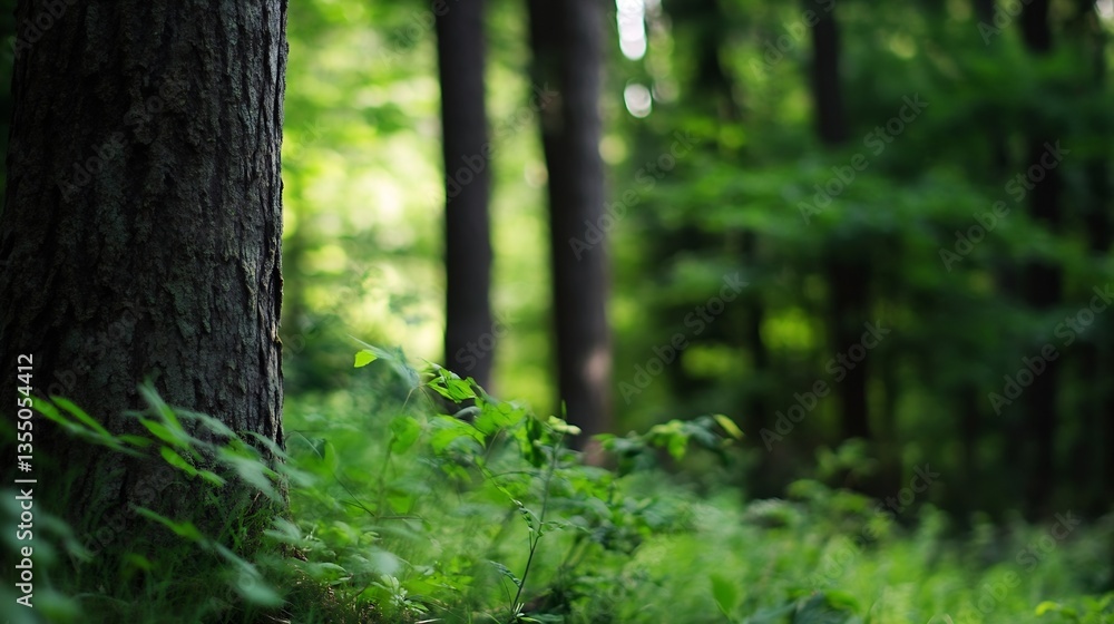Fototapete sunlight filtering through a lush green forest creating a serene natural environment : generative ai