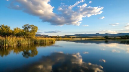 Calm reflective pond surrounded by lush greenery and mountains under a clear sky at sunset : Generative AI