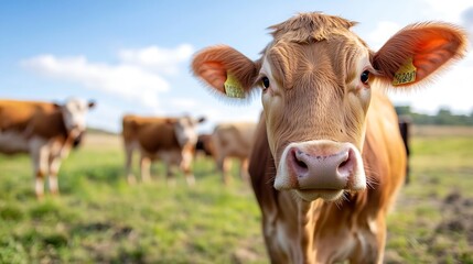 Closeup shot of a curious brown cow standing in a lush green field under a clear blue sky : Generative AI