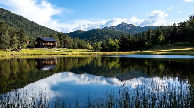 Idyllic view of a lake reflecting mountains and a wooden cabin surrounded by trees under a blue sky : Generative AI