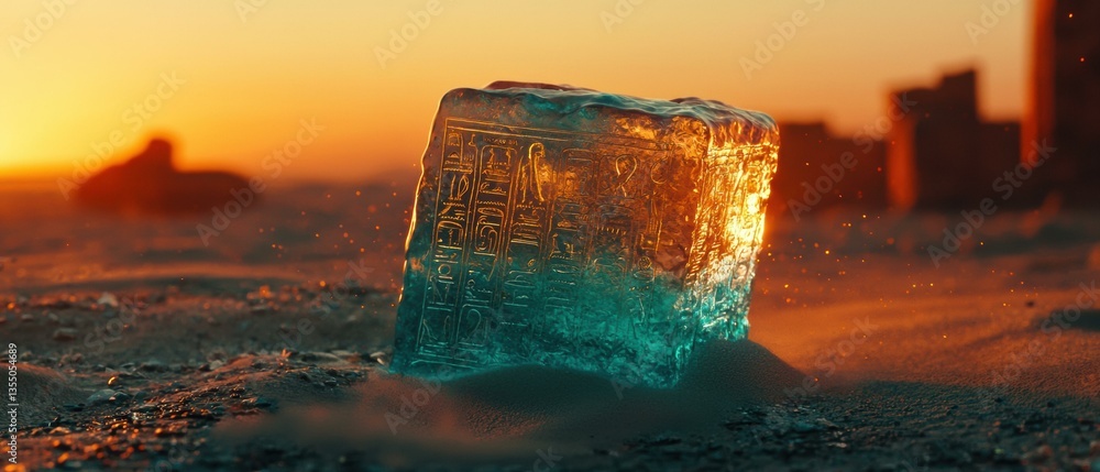 Poster ancient hieroglyphs on a block of ice. ai.