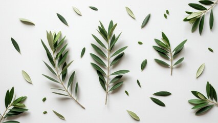 Fototapeta premium Olive branches, Olea europaea, green leaves on white background. Simplicity, minimalist aesthetic, fresh, organic. Natural foliage for decoration, design, promoting well-being.