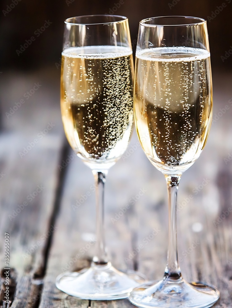 Poster two elegant champagne flutes filled with bubbly sparkling wine on a wooden bar : generative ai