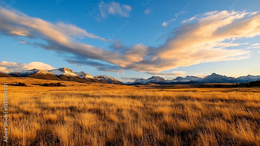 Aufkleber expansive grassland view with majestic mountains under a bright blue sky during day : generative ai