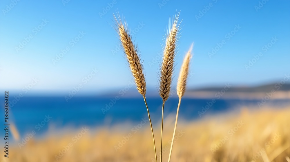 Poster close up of golden wheat grass in the foreground with the blue ocean and sky background : generative