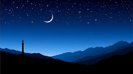 Naklejka premium A silhouette of a tower with mountains and stars at night