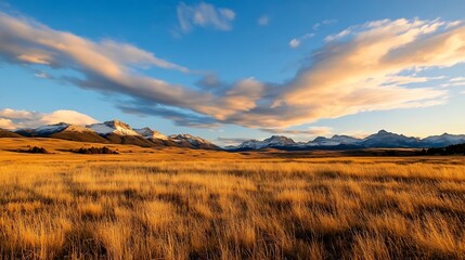 Fototapeta premium Expansive grassland view with majestic mountains under a bright blue sky during day : Generative AI