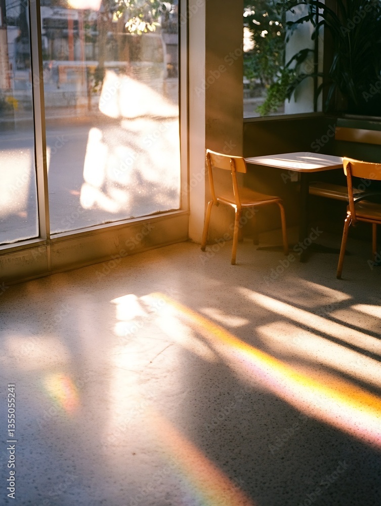 Fototapete Sunlight Streaming Through Cafe Window Creating Beautiful Rainbow Reflections on the Floor : Generative AI