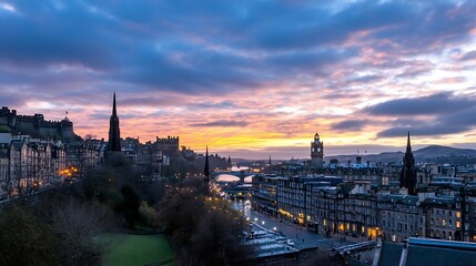 Obraz premium Stunning Edinburgh Skyline at Sunset with Dramatic Clouds and Historical Landmarks : Generative AI