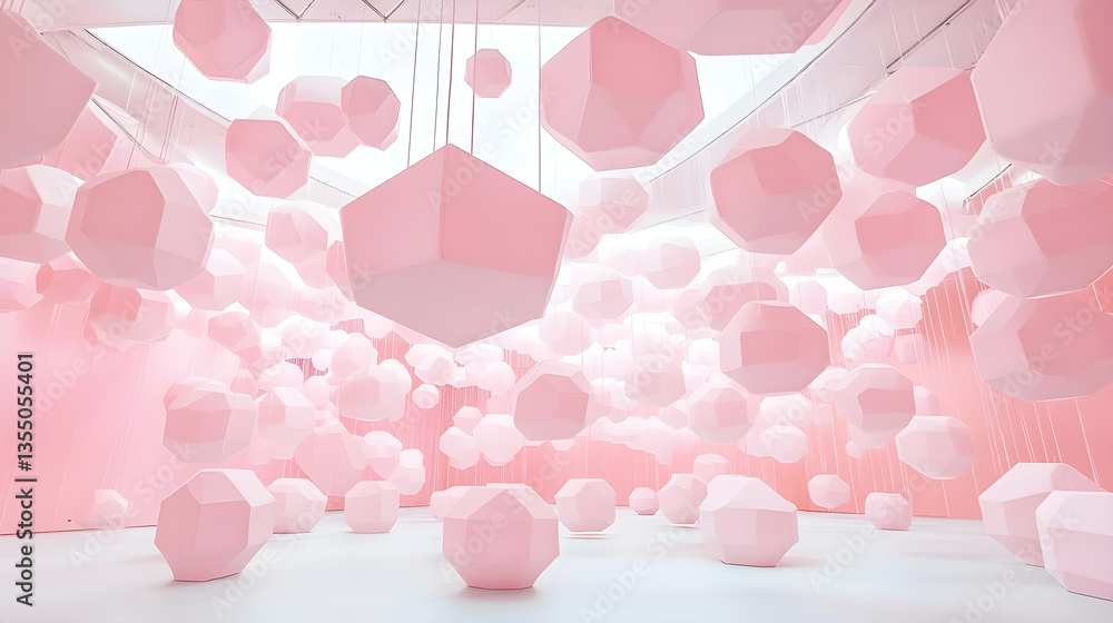 Poster abstract installation with numerous large pink geometric shapes suspended from the ceiling in minima